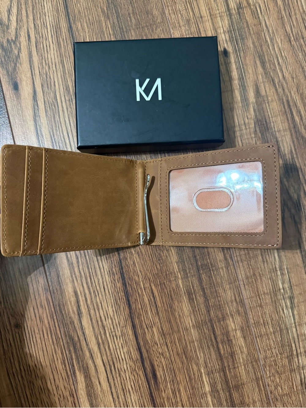 Tan Leather Money Clip Wallet with ID Window